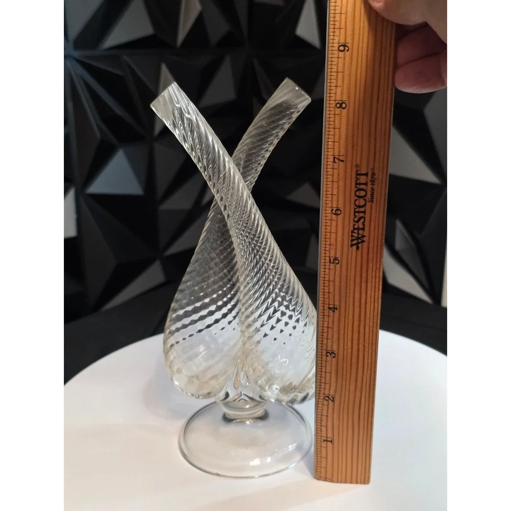 Vintage Clear Glass Double Bud Vase Twisted Ribbed Opti Swirl Pedestal Base 8.5